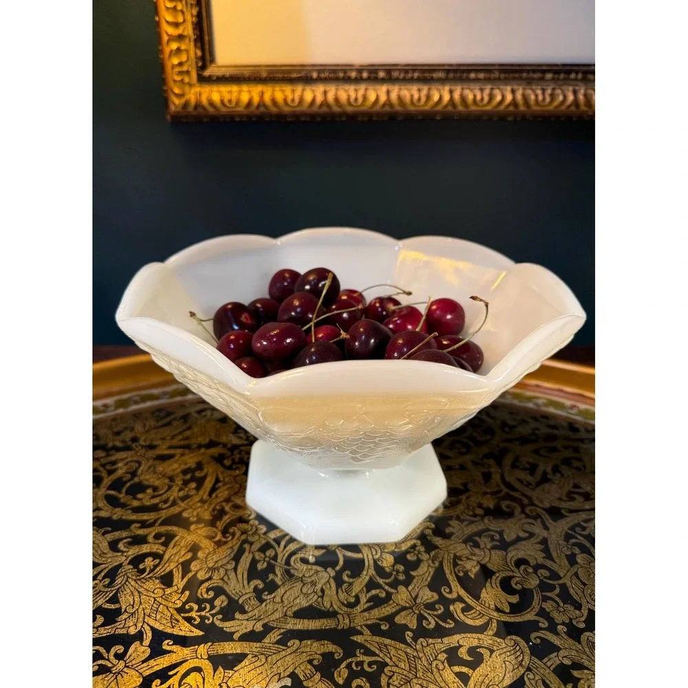 Vintage Indiana Glass‎ Harvest Grape Milk Glass Pedestal Bowl